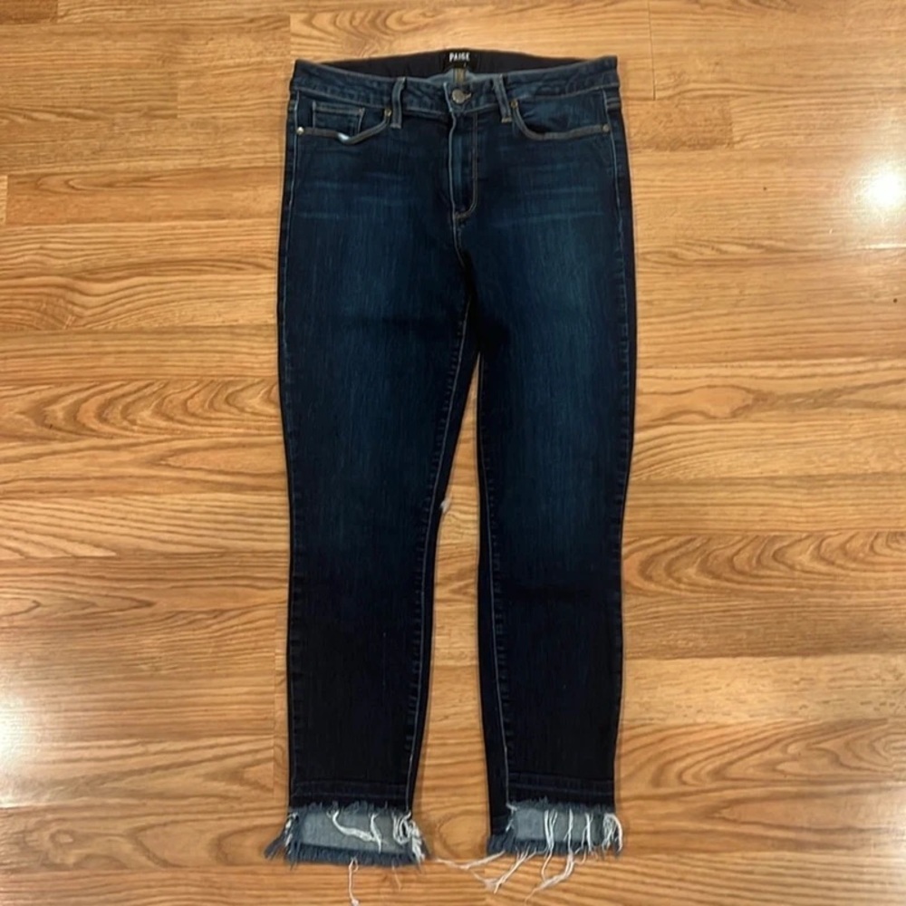PAIGE Indigo Straight Leg Jeans with Distressed Hem